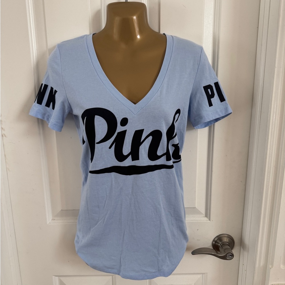 PINK tee shirt. Periwinkle blue. Small.